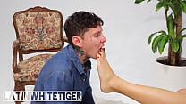 MISTRESS MORRIGAN FORCES SLAVE MALE TO LICK HER FEET AND PUSSY @LATINWHITETIGER